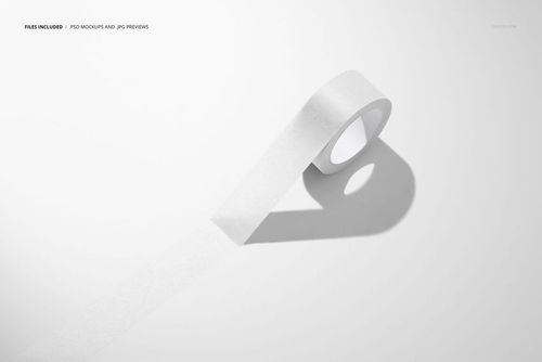 Unrolled white packaging tape mockup with shadow, displayed on a plain background in a minimalist scene.