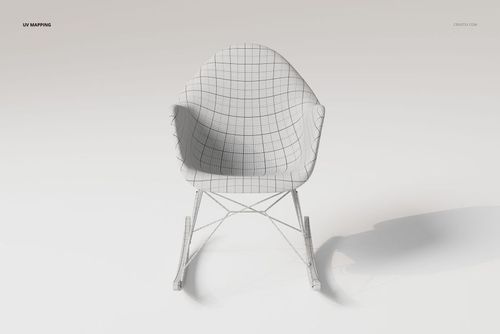 Front view of a wireframe Eames style rocking chair 3D model with grid lines on a white background.