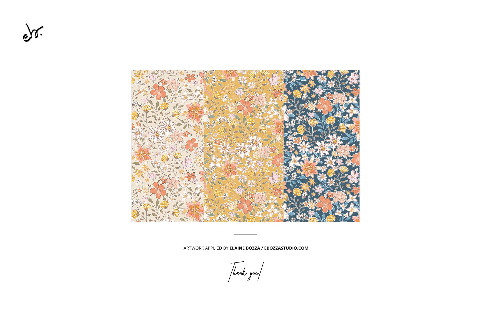 Vertical arrangement of customizable fabric rolls mockup featuring cream, yellow, and blue floral designs.