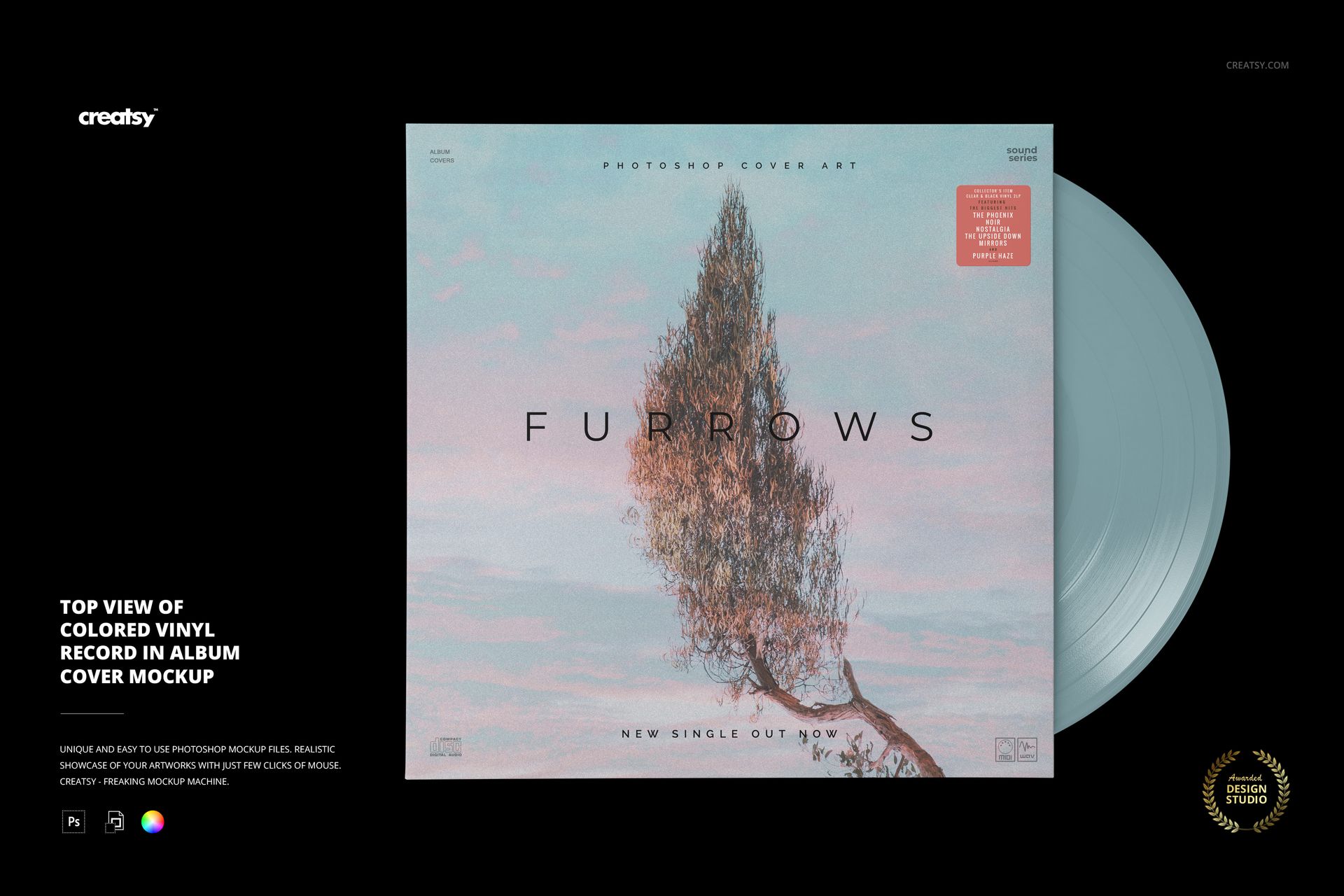 PSD mockup displaying a top-down perspective of a vinyl record and album cover with soft sky and tree illustration.
