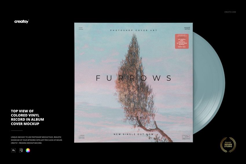 Top View of Colored Vinyl Record in Album Cover Mockup - mockup screenshot 1
