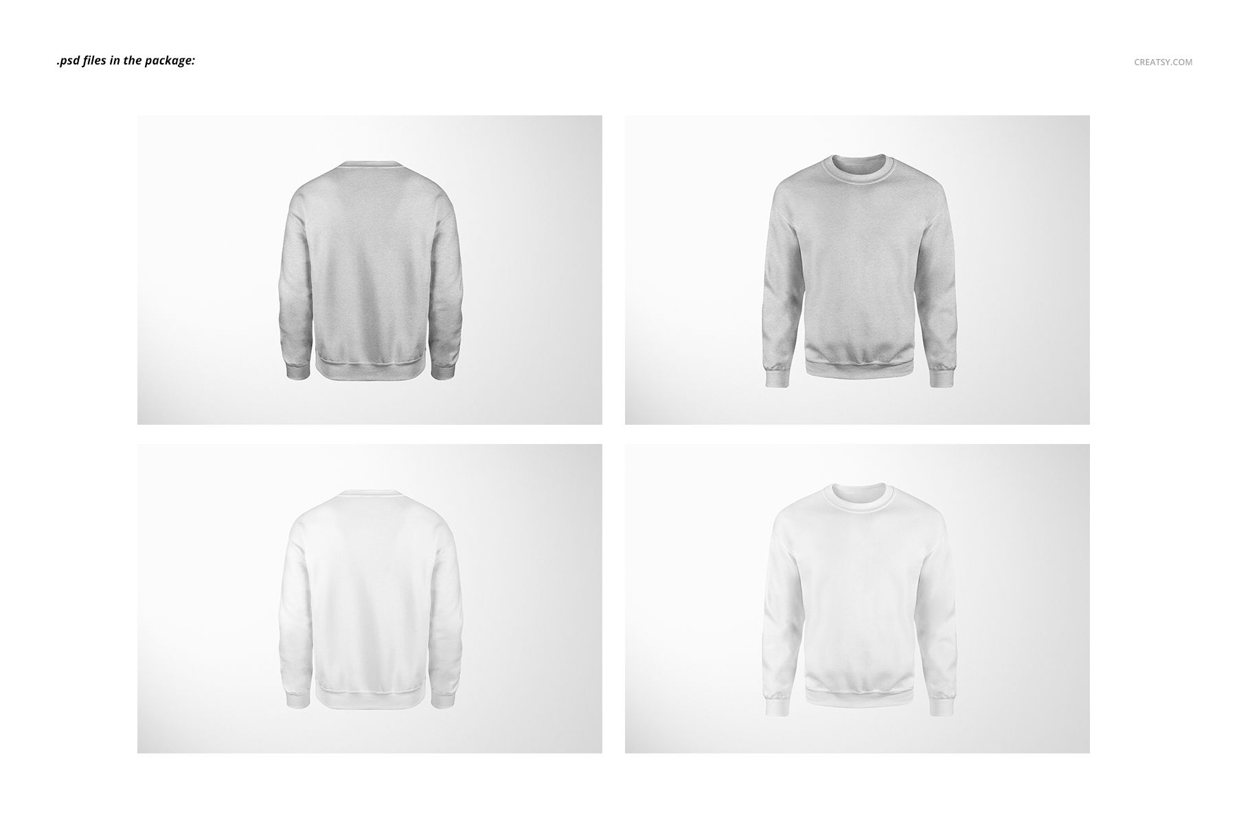 Front and back view of a plain sweatshirt mockup set in light gray and white, displayed on a neutral background.