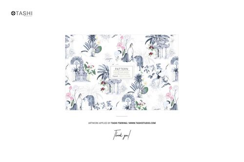 Rectangular garden furniture cushion mockup with botanical and animal pattern, front view on white background.