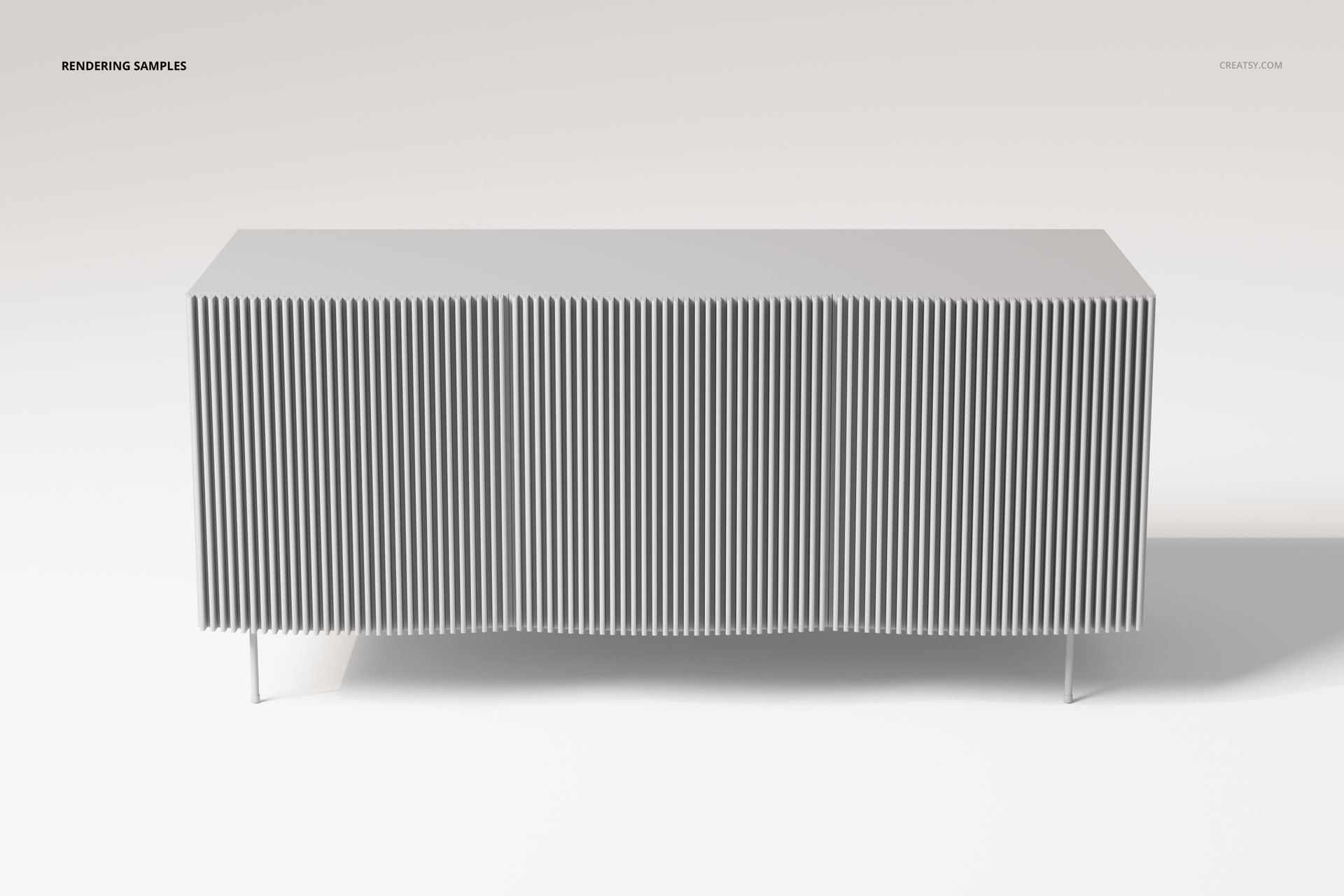 Front view of a Japandi style veneer sideboard with vertical slatted detailing in light gray tones on a plain background.