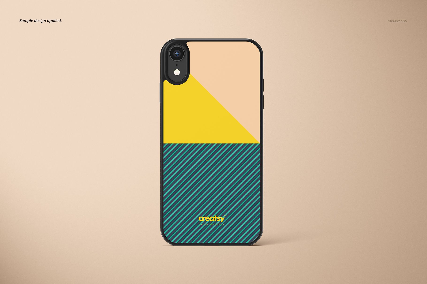Front-facing iPhone XR black case mockup with abstract design in yellow, beige, and teal, on a neutral background.