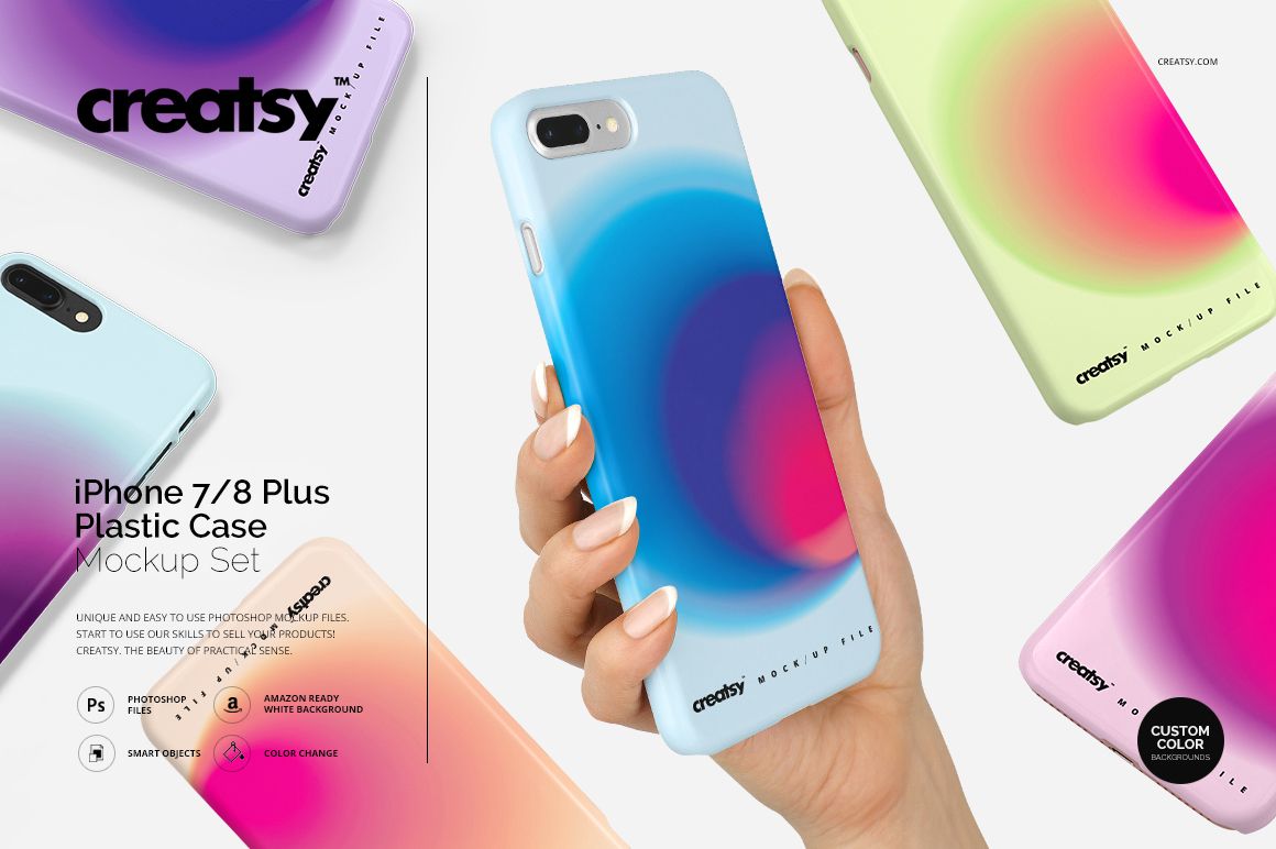 PSD mockup of iPhone 7 Plus or 8 Plus plastic cases in various pastel and gradient designs, featuring close-up and angled views.