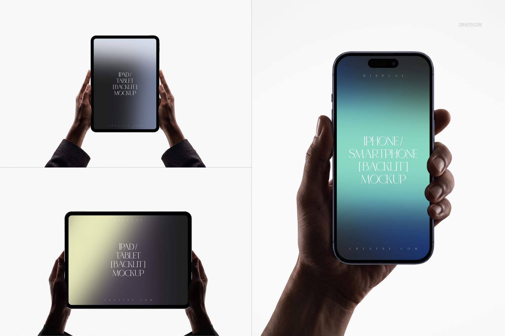 Backlit iPhone, iPad Pro, and laptop mockup set showing devices held in hands with gradient screens.