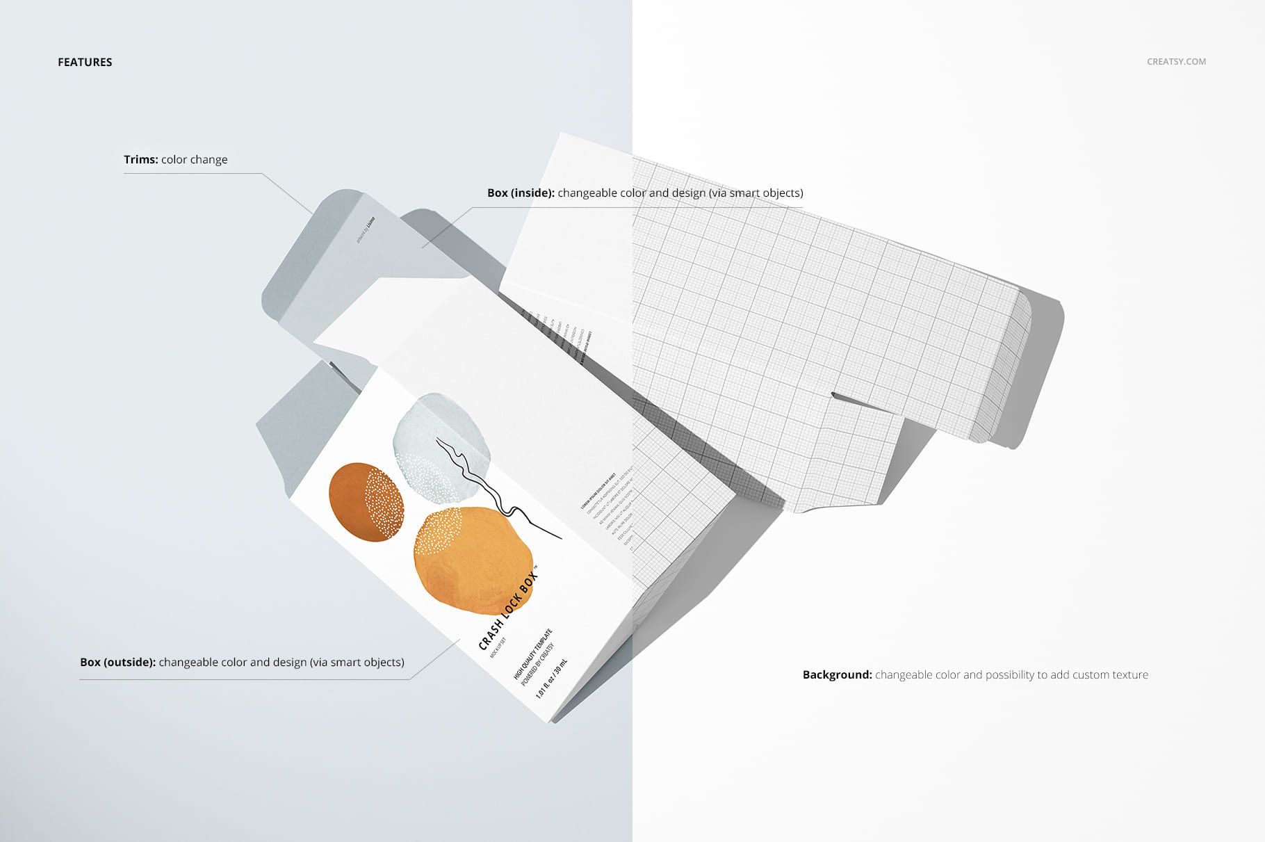 Tuck top crash lock box mockup with abstract orange and gray shapes, shown in an unfolded flat lay on a light background.