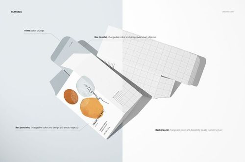 Tuck top crash lock box mockup with abstract orange and gray shapes, shown in an unfolded flat lay on a light background.