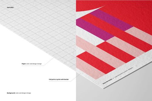 A3 fine art print mockup showing split view of blank grid paper on the left and colorful geometric design on textured paper on the right.