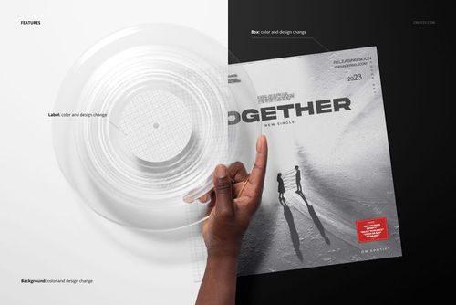 Clear vinyl record mockup and album cover displayed on a split black and white surface, featuring a human hand.