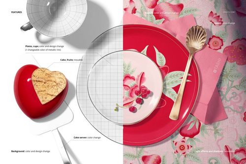 Valentine-themed cake plate mockup featuring a round plate with fruit design, red charger, and gold shell-shaped cake server.