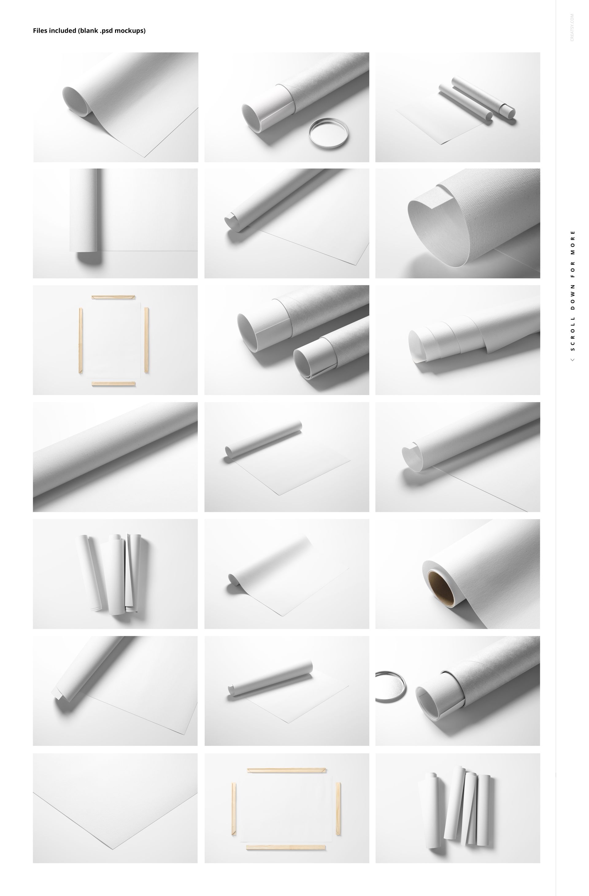 PSD mockup bundle featuring rolled canvas prints, tubes, and accessories, arranged in a grid layout with soft shadows.
