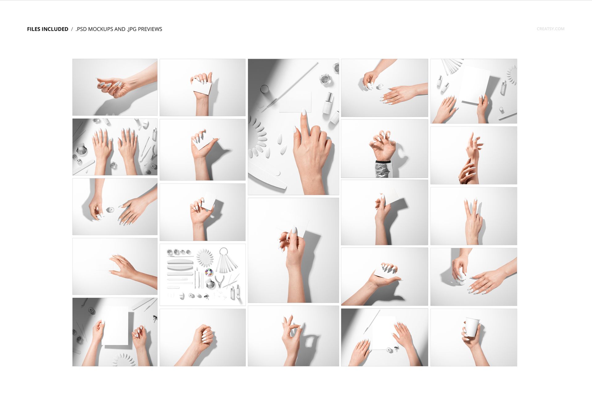 Collage of nail mockup images showing hands with manicured nails in various poses and holding different objects.
