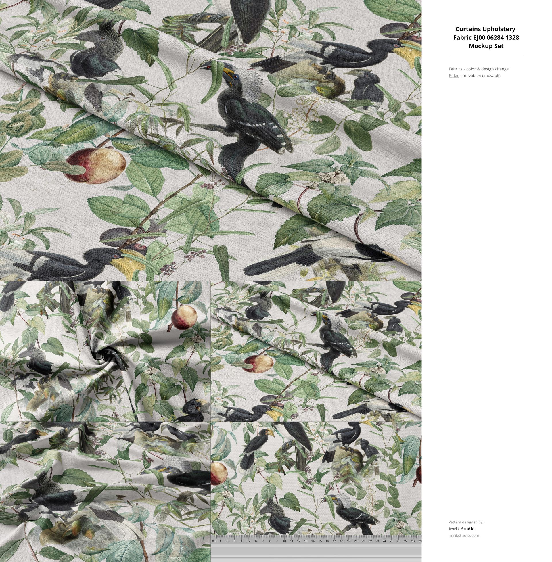 Close-up of fabric mockup with green leaves, fruits, and black birds, presented in layered and crumpled perspectives.