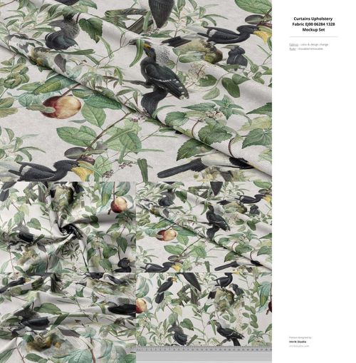 Close-up of fabric mockup with green leaves, fruits, and black birds, presented in layered and crumpled perspectives.