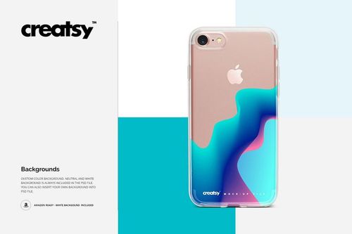 iPhone 7 clear case mockup featuring a wavy blue and pink pattern, shown from the rear against a split color backdrop.