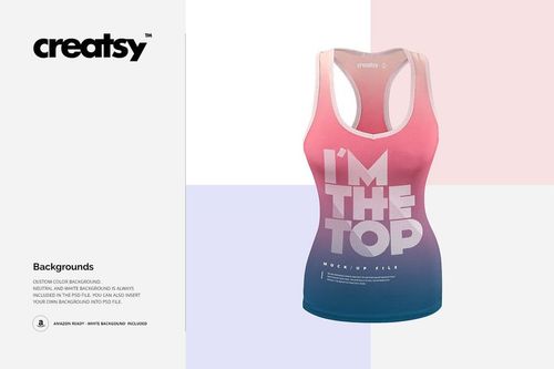 Front view of a women's tank top mockup with a pink to blue gradient and bold white text on a neutral background.