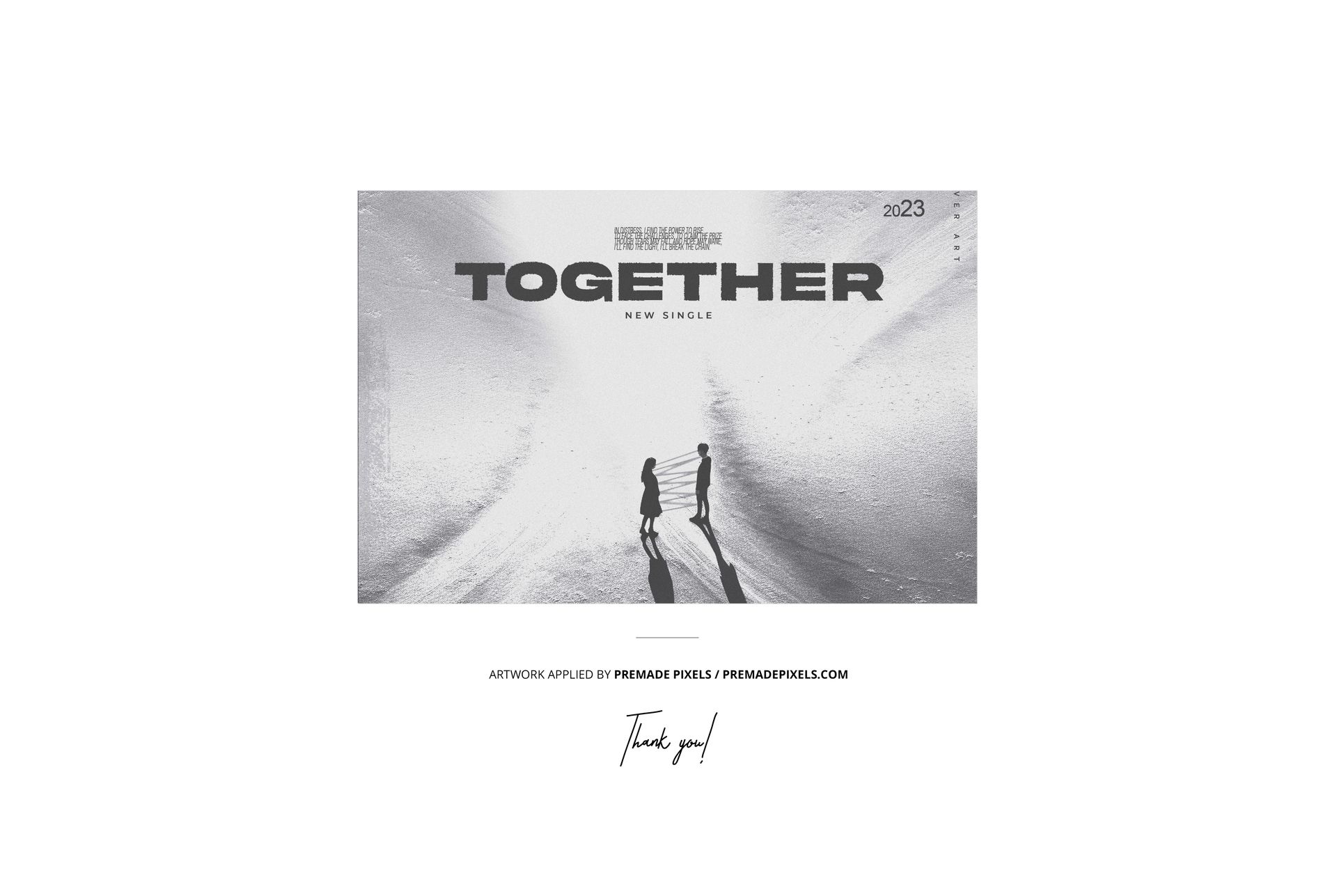 Clear vinyl record mockup featuring a rectangular cover with two silhouetted figures walking on a textured surface.