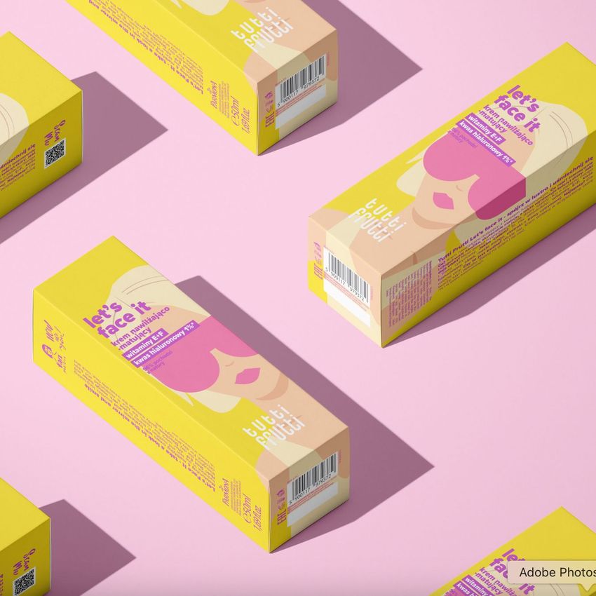 Tall box mockup featuring multiple rectangular packaging boxes with colorful graphic designs on a pastel pink background.