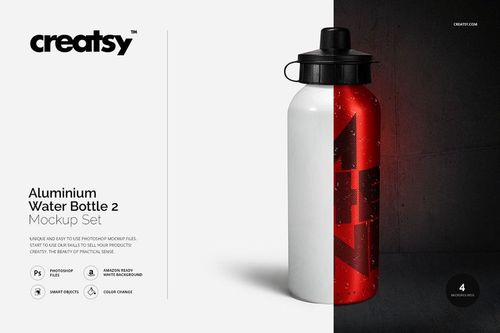 Aluminum water bottle mockup with bold red and black design, shown upright against a white and textured backdrop.