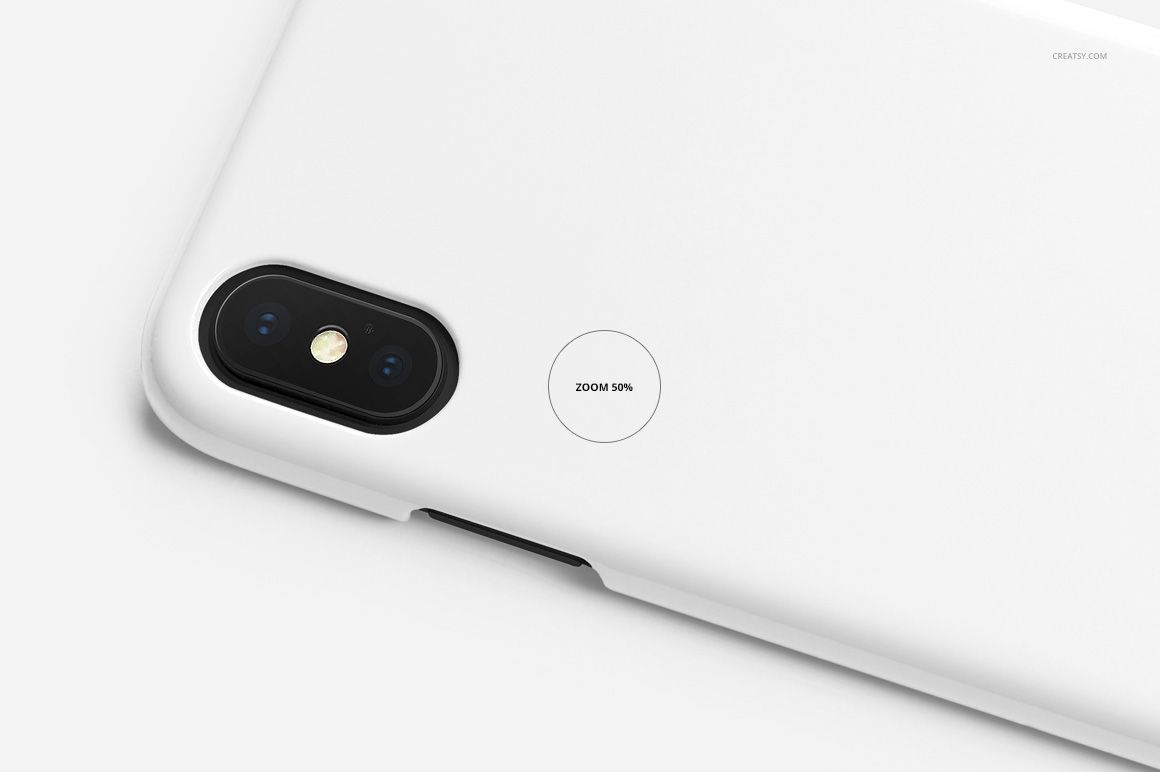 Close-up front view of a white plastic iPhone X case mockup showing the dual camera and smooth matte finish.