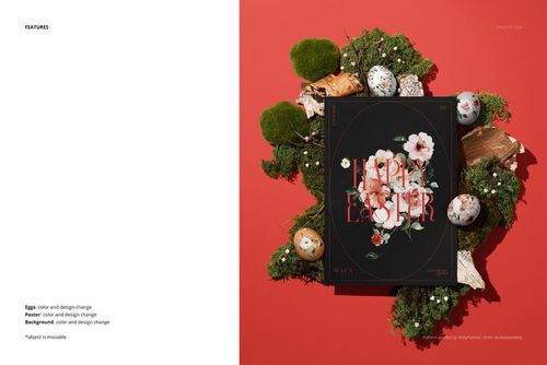 Easter eggs with various patterns, green moss, and a floral card displayed on a red surface in a PSD mockup scene.