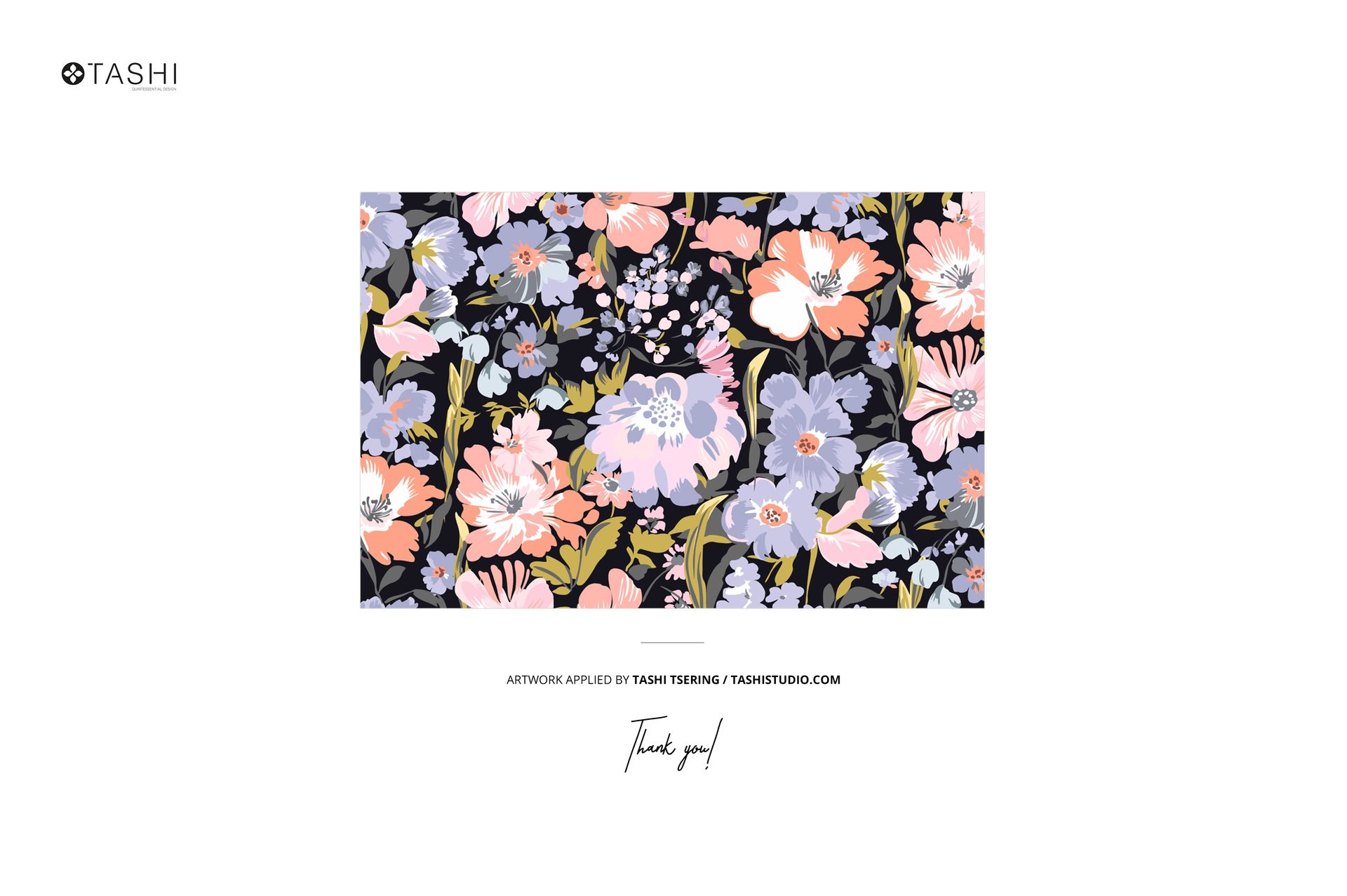 Folded jersey fabric mockup featuring a floral pattern in pink, lavender, and green on a dark background, front view.