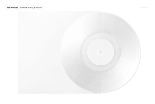 PSD mockup featuring a clear vinyl record partially inside a simple white sleeve, top-down perspective, minimal scene.