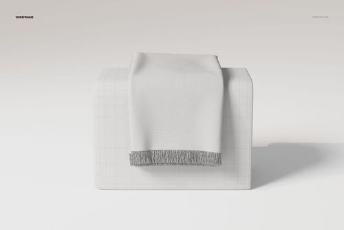 White fringe blanket draped over a rectangular pedestal, front view, with subtle grid lines on the pedestal surface.