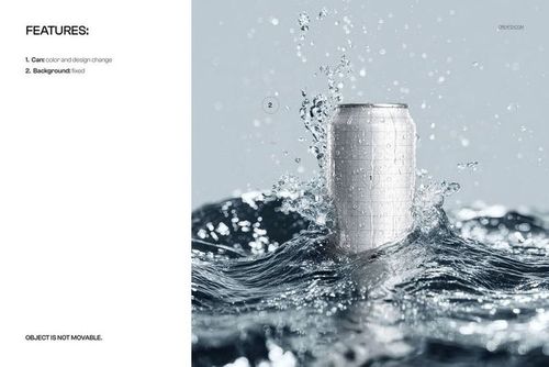 Drinkware mockup featuring a tall can in the center, partially submerged in swirling water, front perspective.
