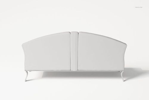 Front view of a white Art Nouveau sofa with curved armrests and minimalist design on a plain white background.