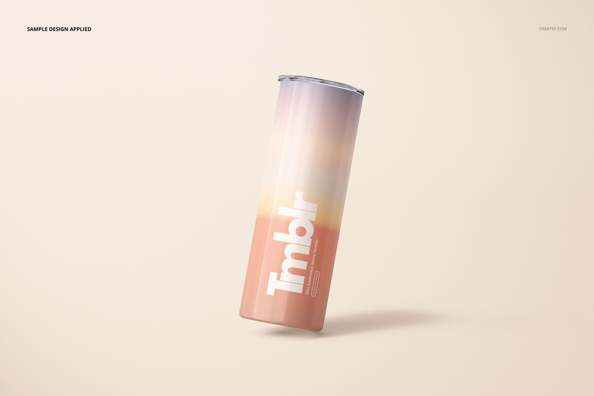 Skinny tumbler with a gradient pastel design, standing upright on a light beige background, front view.