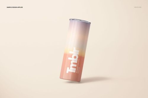 Skinny tumbler with a gradient pastel design, standing upright on a light beige background, front view.