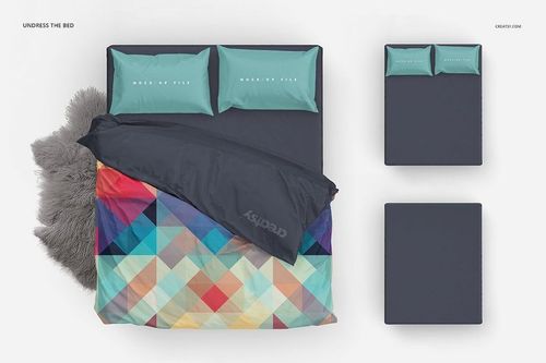 Double bed PSD mockup featuring a dark comforter, multicolored geometric blanket, teal pillows, and detached mattresses.