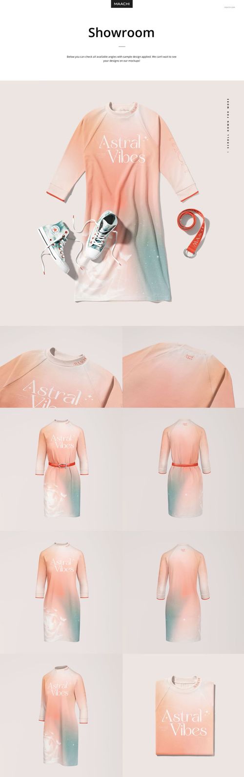 Front and back views of a raglan sweatshirt dress mockup with soft peach and teal gradient, shown with sneakers and headphones.