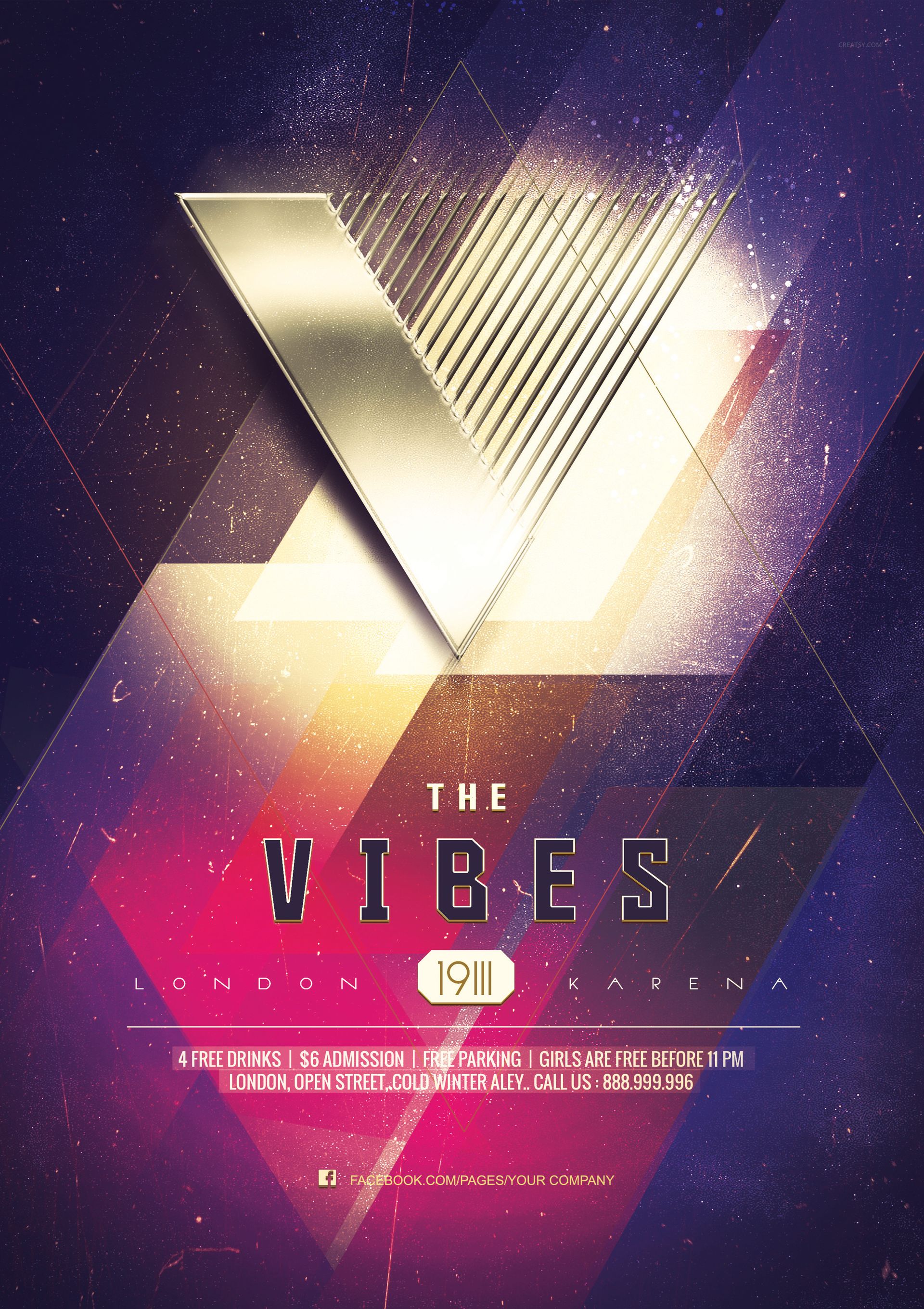 Luxury party poster mockup featuring a bold gold V shape, abstract light effects, and text on a dark gradient backdrop.