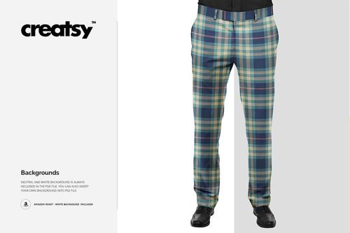 Elegant trousers PSD mockup featuring a straight-leg design in multicolored plaid, displayed on a neutral backdrop.