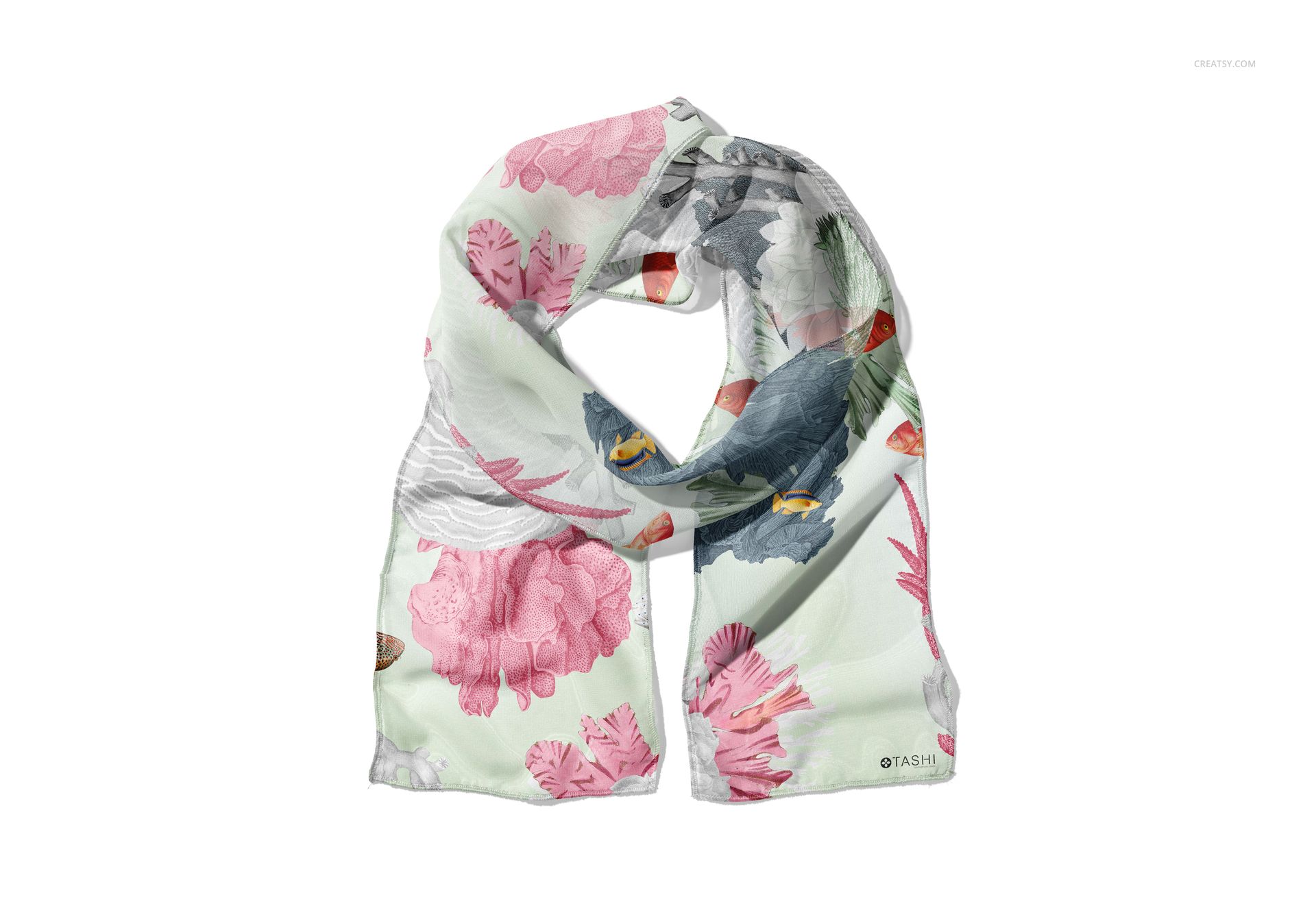 Front view of a chiffon silk scarf with pink, gray, and green floral patterns on a white background.