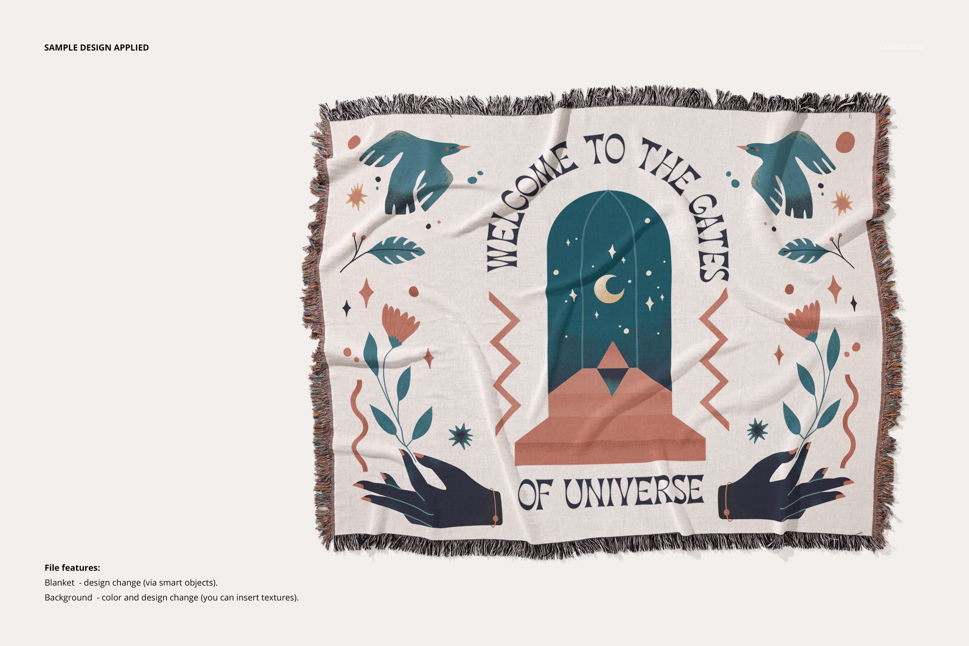 Mockup of a fringed throw blanket featuring a colorful abstract pattern and text, displayed from a top view.