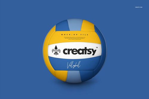 Volleyball ball mockup featuring blue, yellow, and white color blocks, centered against a plain blue backdrop.