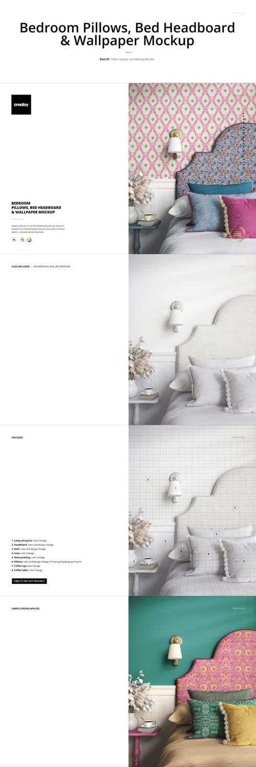 Front view of a bedroom scene with patterned pillows, upholstered headboard, and colorful wallpaper mockup.