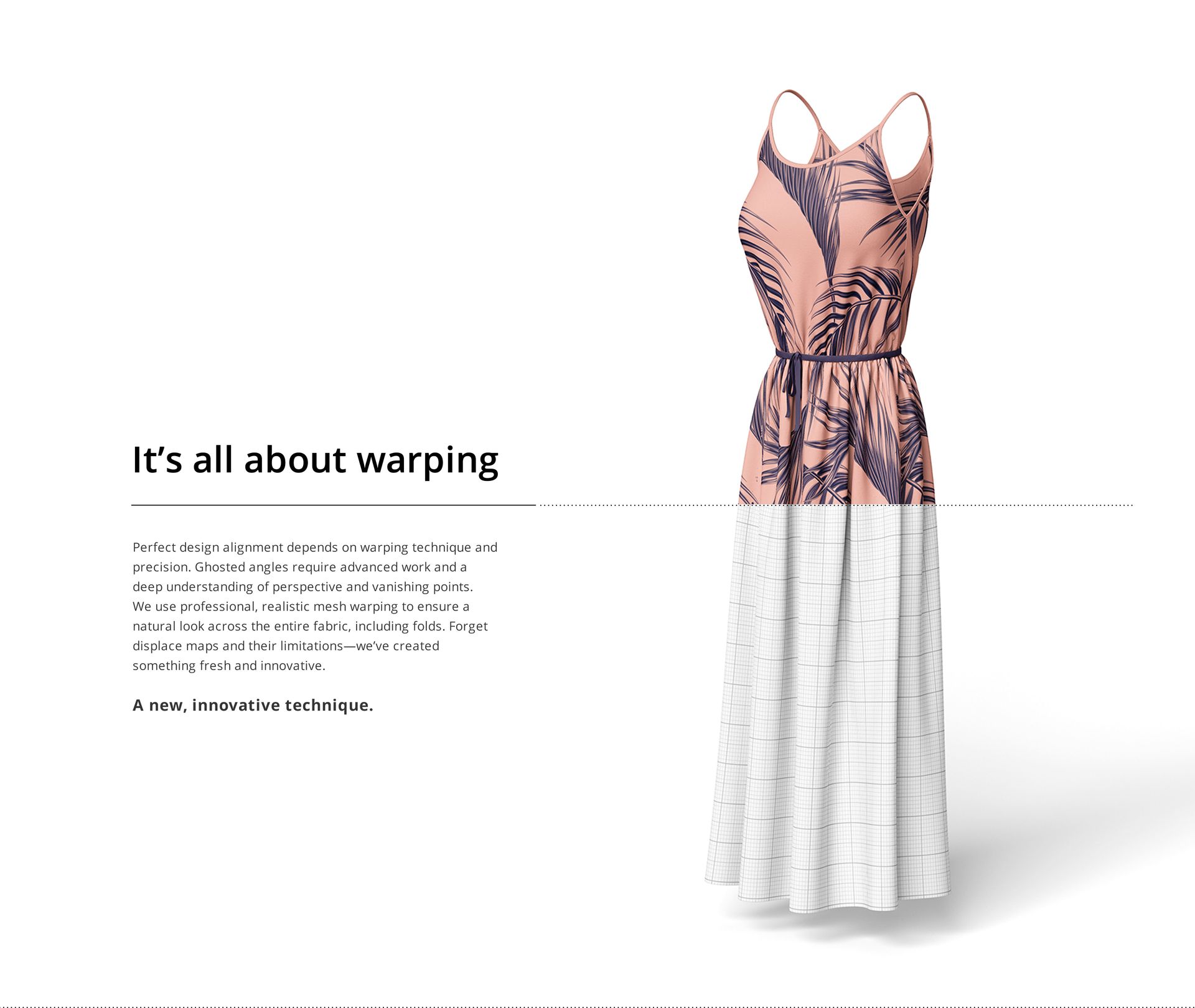 Long wavy dress mockup with thin straps, featuring a pink and black leaf pattern on the bodice and a white skirt, front view.