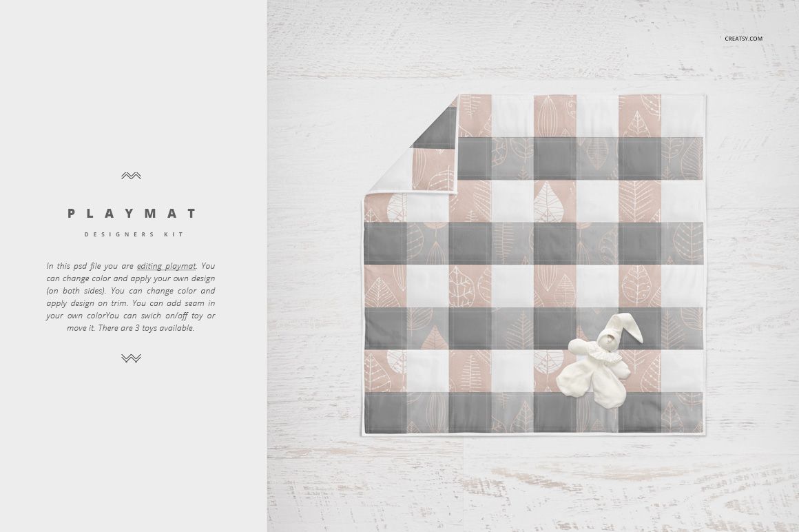 Crib bedding mockup featuring a checkered playmat in muted gray and blush tones with a plush bunny toy on top.