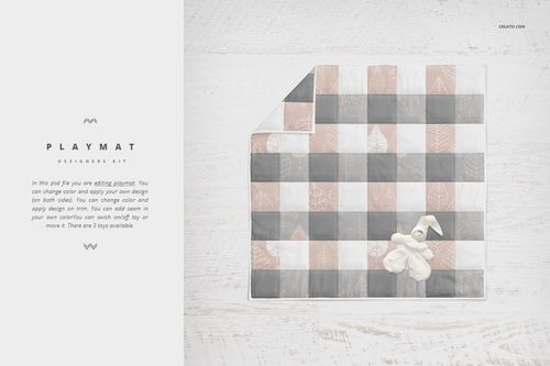 Crib bedding mockup featuring a checkered playmat in muted gray and blush tones with a plush bunny toy on top.