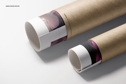 Mockup of two rolled canvas prints in brown tubes, showing a glimpse of printed design, top-down perspective.