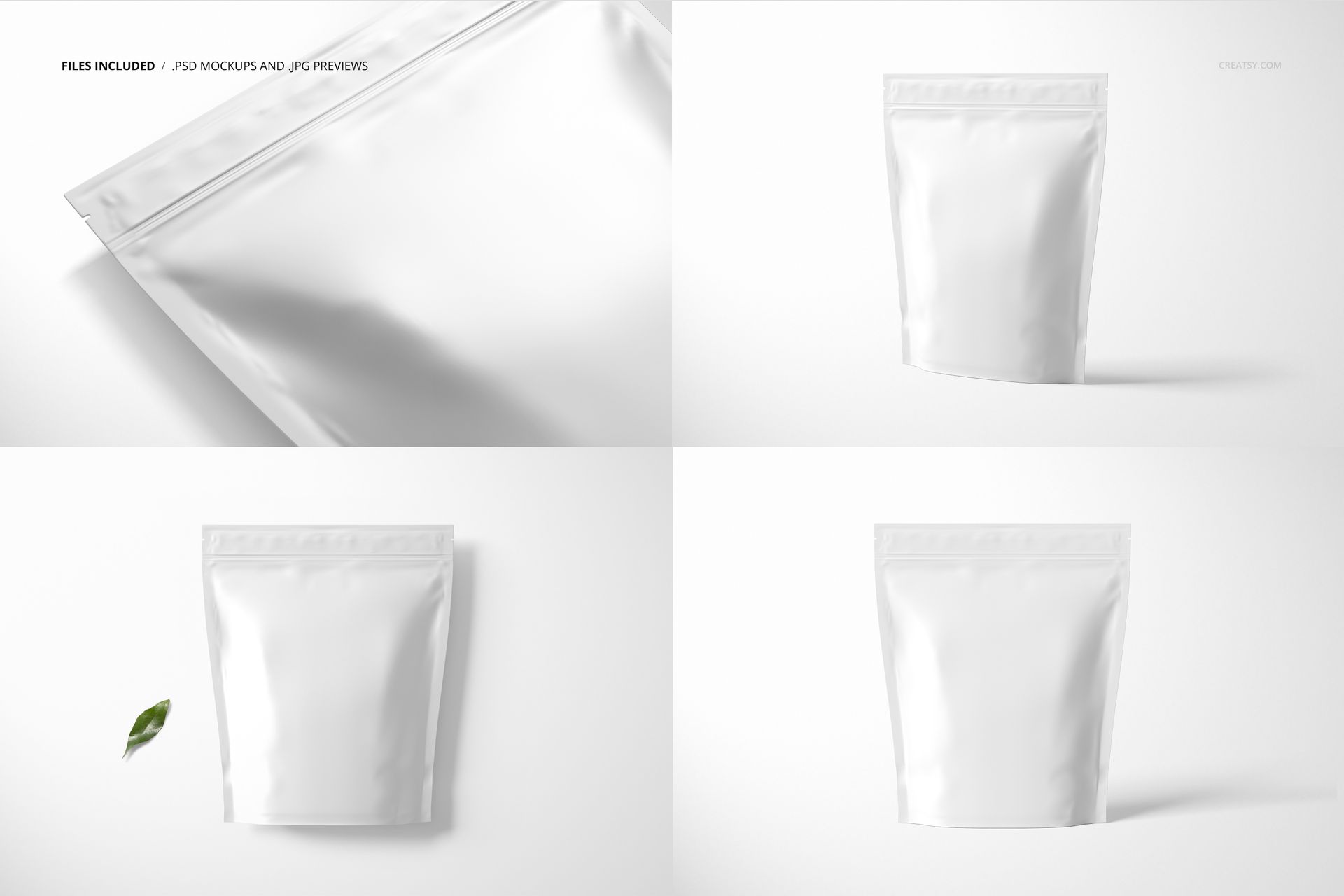 White zip lock pouch mockup displayed in four views, including close-up and front perspectives on a minimal backdrop.