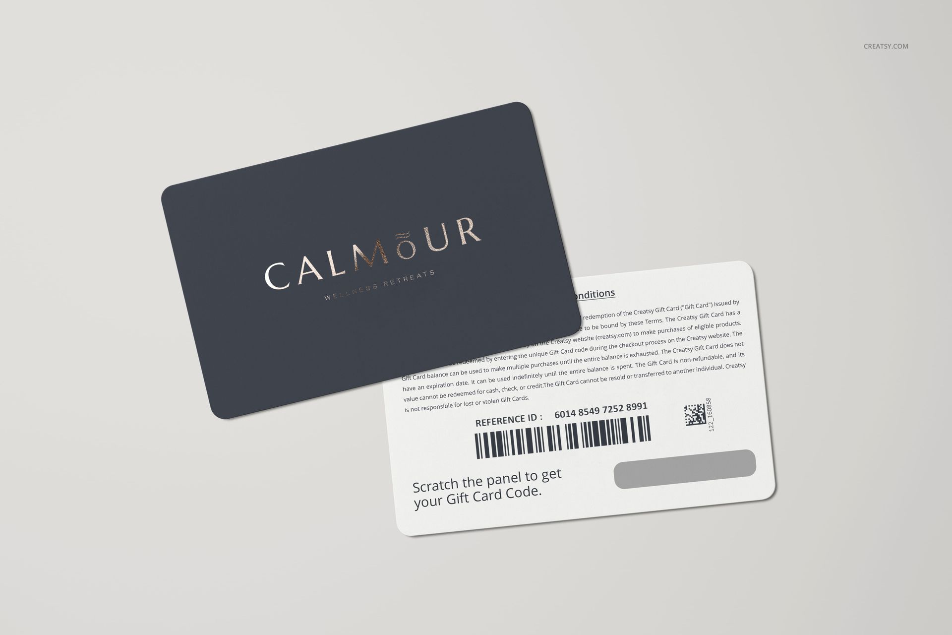 Gift card mockup set featuring a dark card front with gold text and a white card back with printed details and barcode.