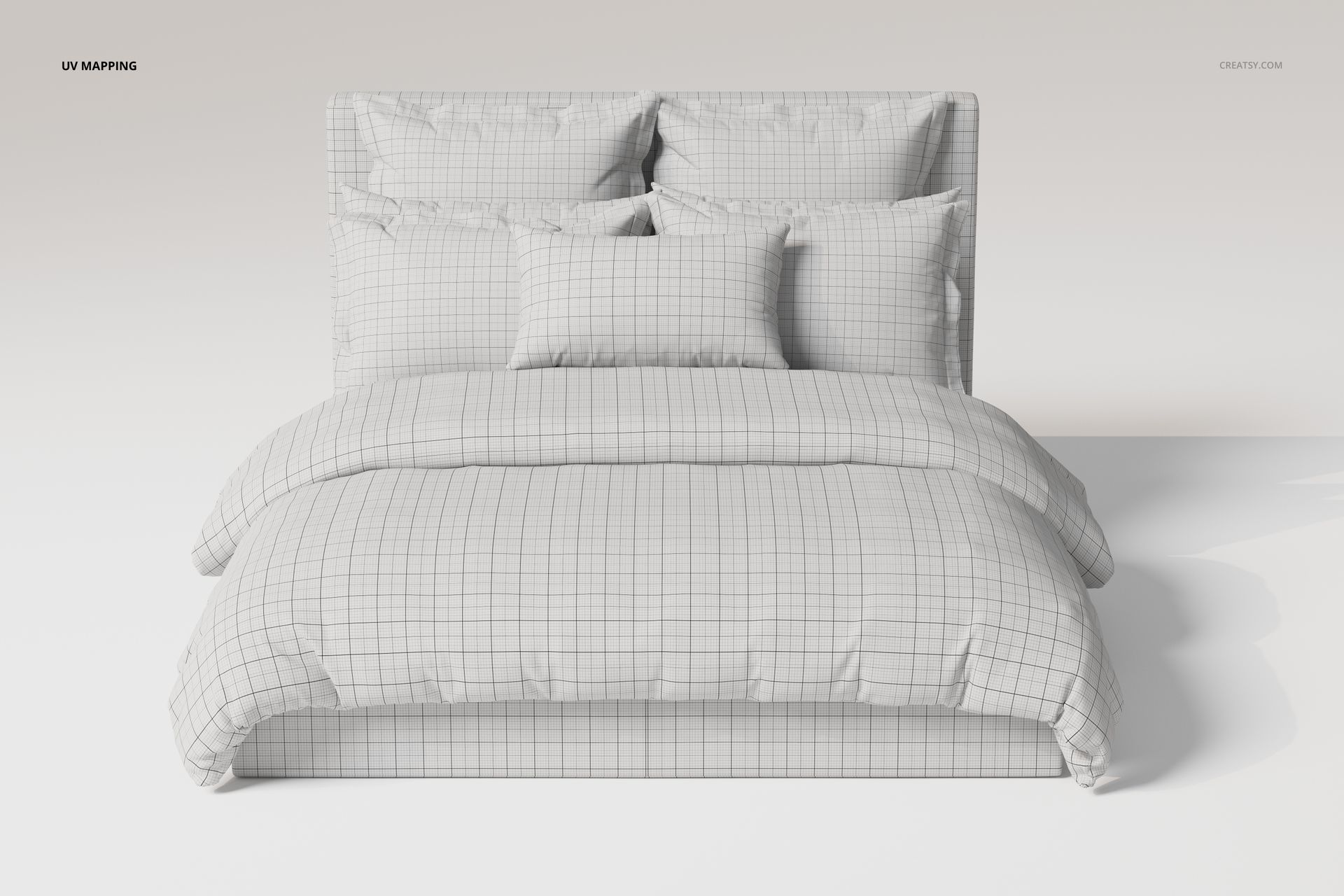 Front view of a bedding set with ruffled pillows and duvet, featuring a light grid pattern on a neutral background.