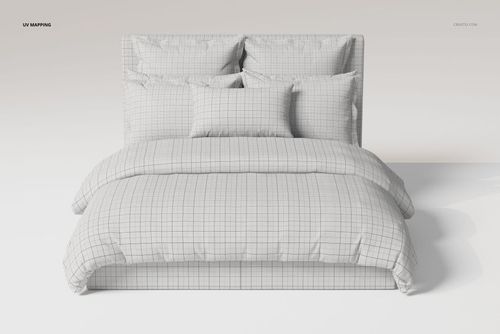 Front view of a bedding set with ruffled pillows and duvet, featuring a light grid pattern on a neutral background.